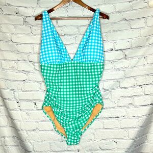 J. Crew Green Blue Gingham V-Neck One Piece Swimsuit Bathing Suit Size 2X